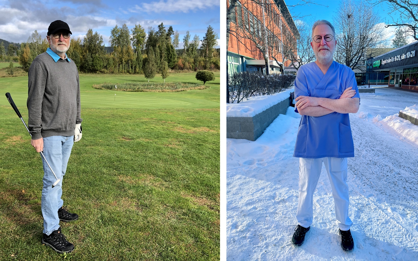 alt='Två sammanfogade bilder, tandläkare Anders på golfbanan och utanför kliniken i Ånge vintertid.'