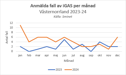 alt='diagram över anmälda fall av iGAS under 2023-24, kraftig ökning under januari-maj 2024'