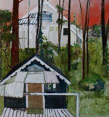 Abstrakt målning med två hus och en skogsdunge finns emellan