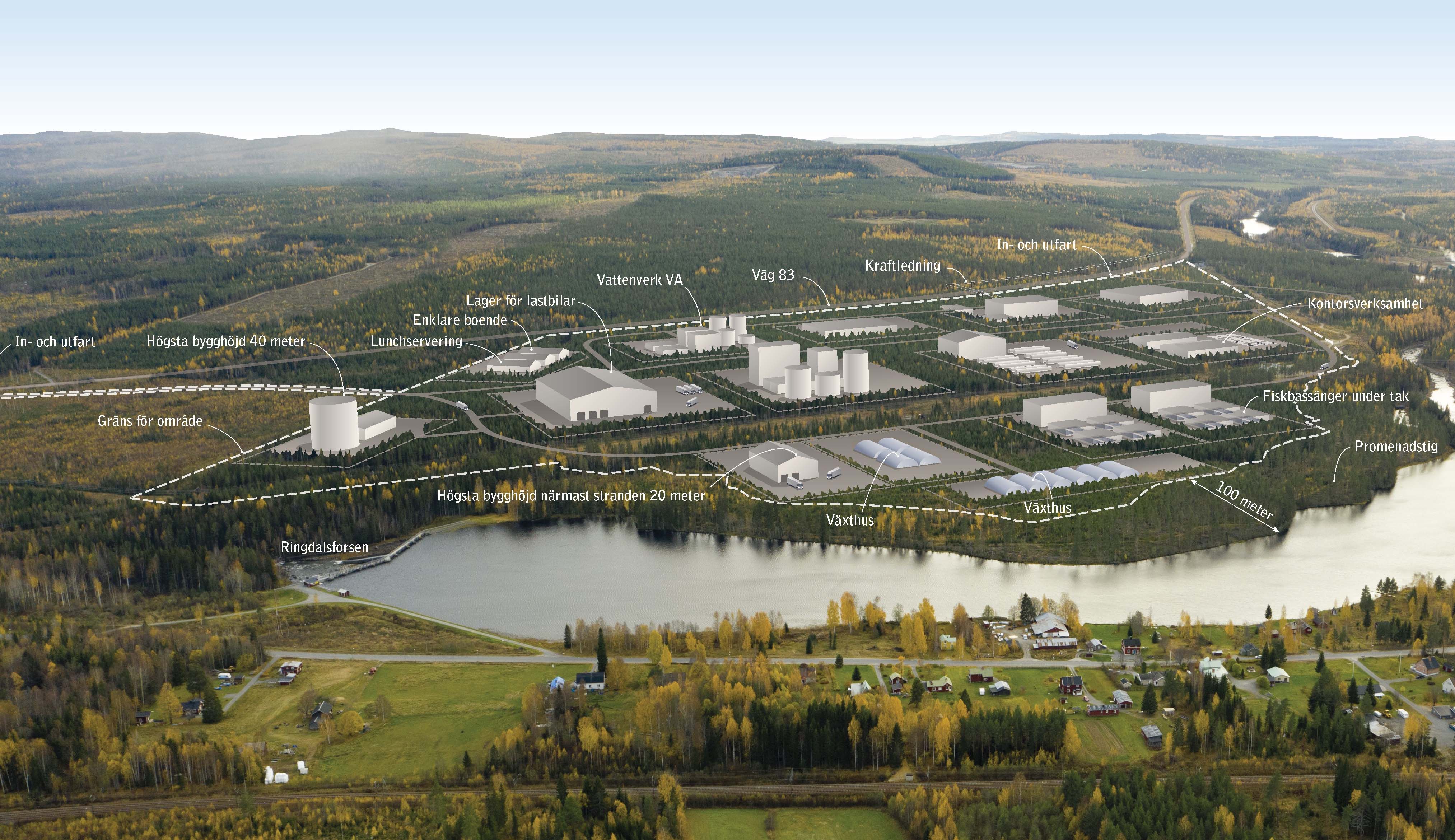 En visualiserad bildvy av ett naturlandskap och hur vätgassatsningen i Alby, Ånge kommun kan se ut när den är färdigbyggd.