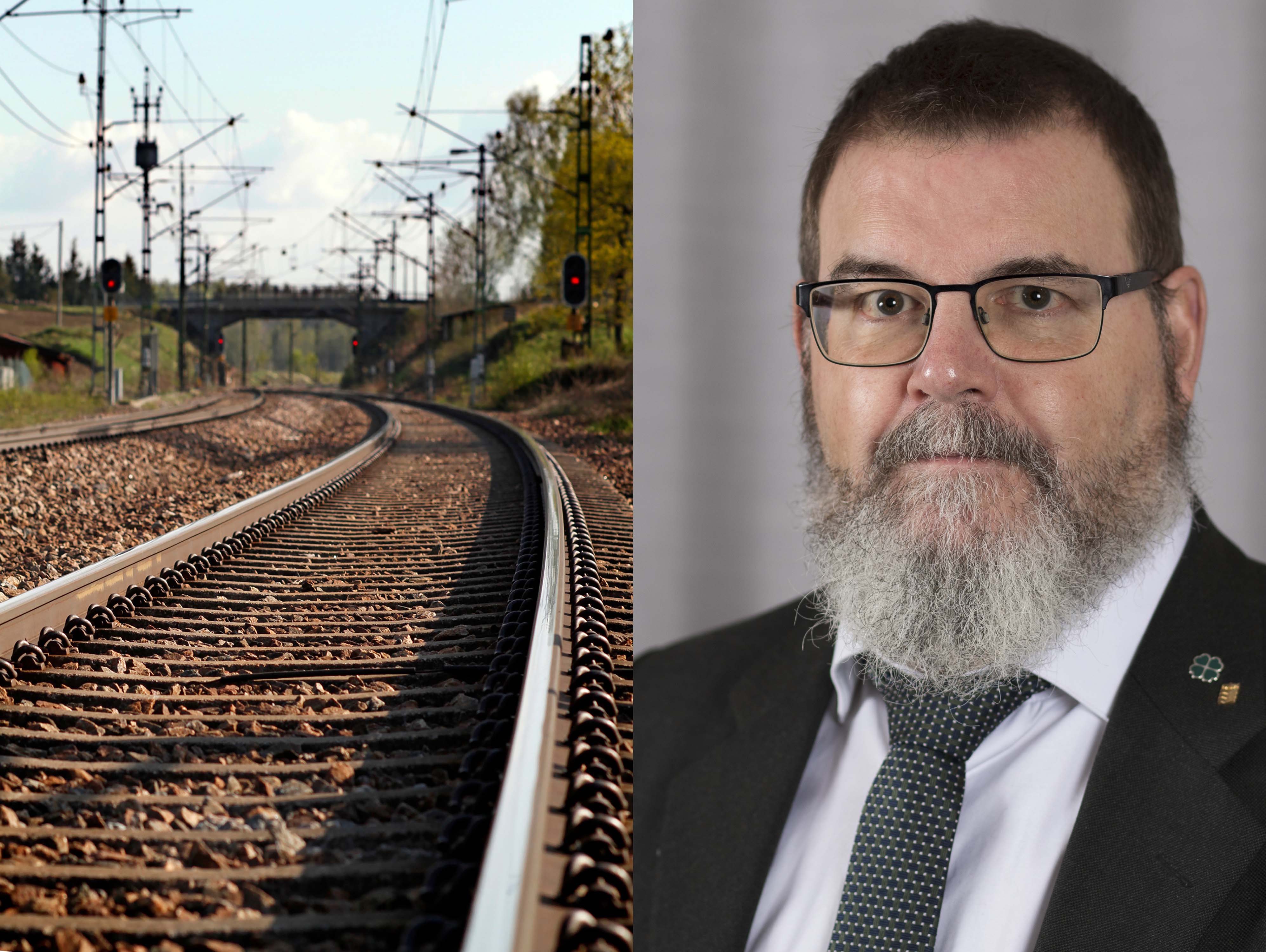 Bildcollage med ett foto av en järnväg till vänster och ett porträttfoto av regionrådet Jonny Lundin till höger.