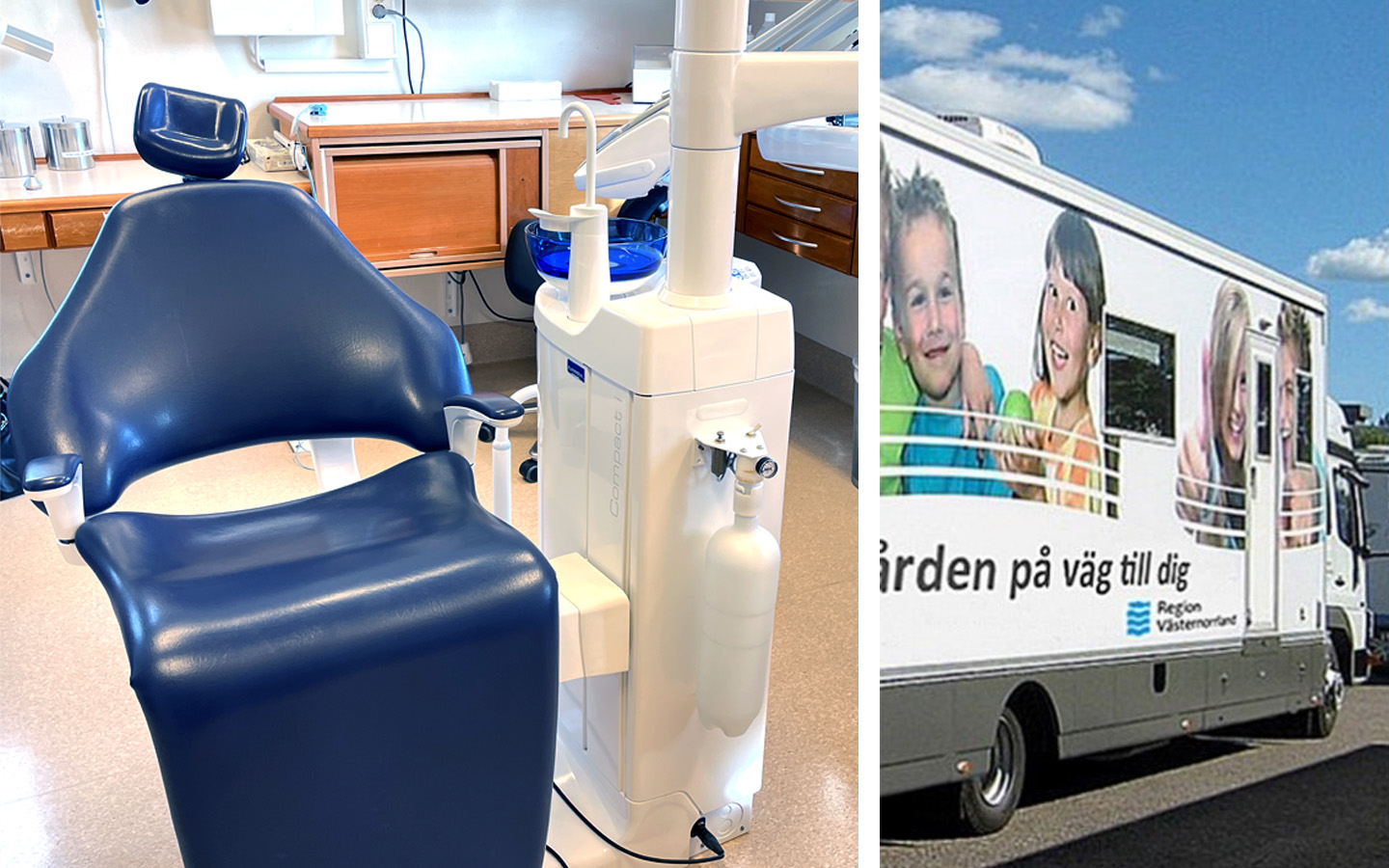 Tandvårdsstol i Höga kustens klinik i Ullånger och den gamla mobila tandvårdskliniken, en buss.