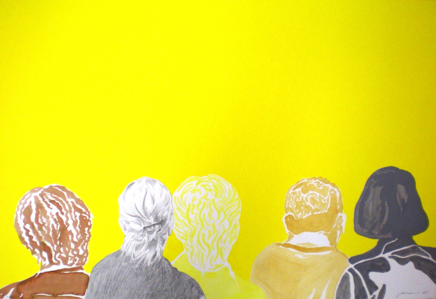 Målning. I nedre delen av bilden ser vi fem personer bakifrån, från axlarna och upp. Bakgrunden är starkt gul. De är målade/tecknade i olika färger. Den första personen har brunt lockigt hår och brun klädsel, nästa har ljust uppsatt hår, grå kläder, den är tecknad i blyerts, personen bredvid har lockigt hår målat med vit färg och den gula klädseln smälter in med bakgrunden, nästa person har gulbrun klädsel med kort hår och den sista är mörkgrå både i hår och kläder och har halvlångt hår. De kanske står och tittar på ett konstverk.