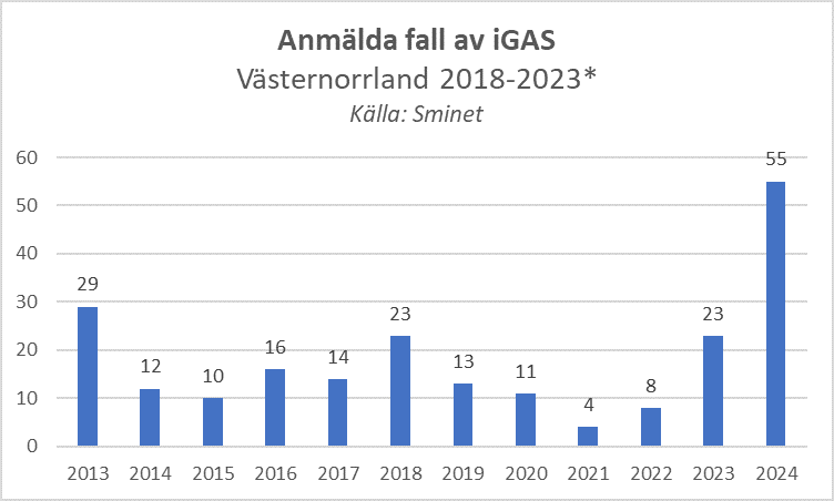 alt='diagram över anmälda fall av iGAS 2013-2023. Flest fall sågs 2013, 2018 och 2024.'