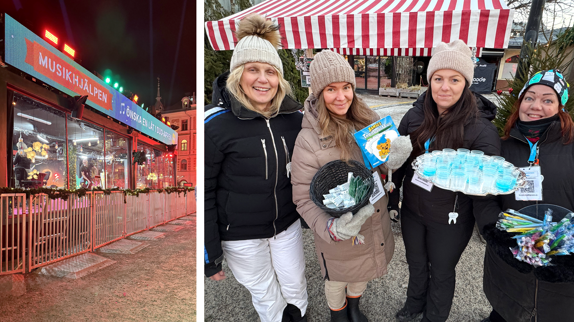 Tvådelad bild, först en exteriör på Musikhjälpens glasbur på torget i Sundsvall, sedan en bild på fluortanterna Maria Englund, Linnea Enqvist Keith, Linn Fryksten och Angelica Bäckman. 