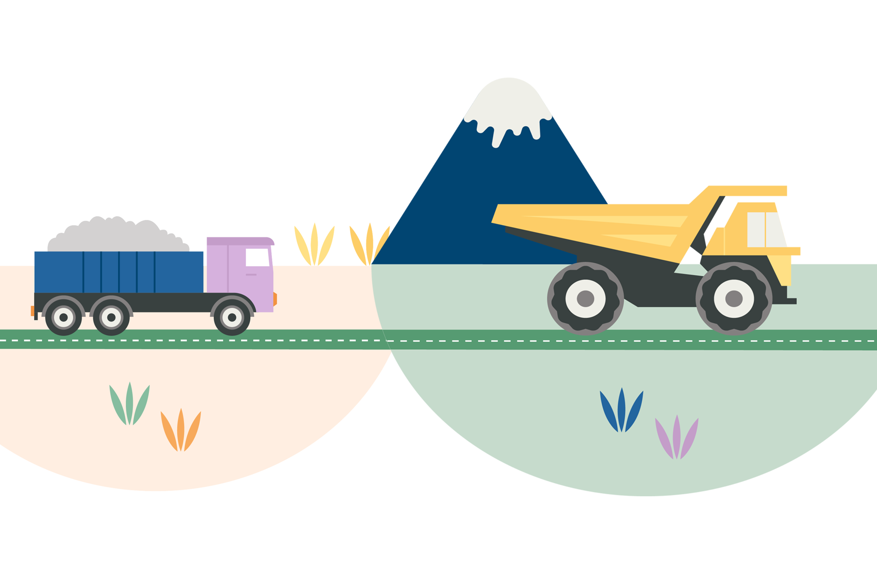 Illustration föreställandes en två lastbilar som kör på en väg vid ett berg.