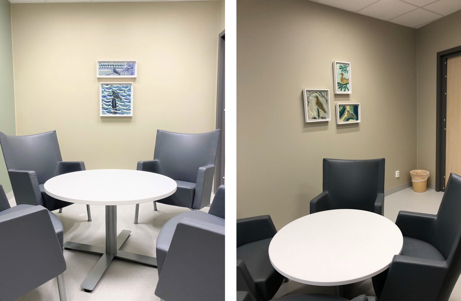 Två foton från två samtalsrum. I båda rummen står fåtöljer runt ett runt vitt bord. På väggen bakom syns målningar av fåglar. På det vänstra fotot två målningar och på den högra tre.