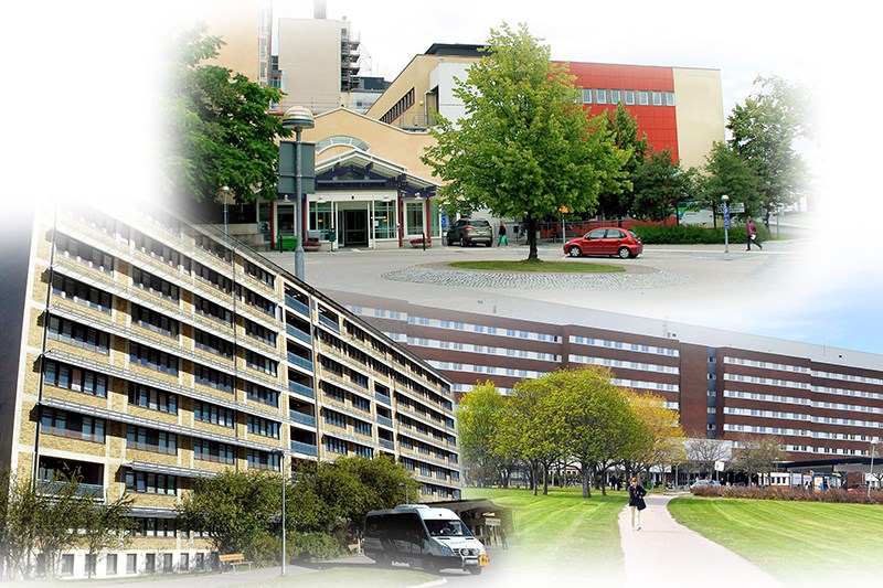 Fotocollage på de tre sjukhusen i länet. 