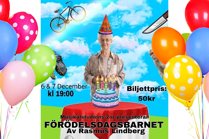 Färgglatt kollage av en äldre kvinna med en födelsedagstårta och ballonger på varsin sida om henne.