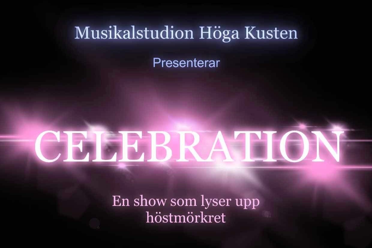 Texten Musikalstudion Höga Kusten presenterar Celebration i blått och rosa mot en svart bakgrund.