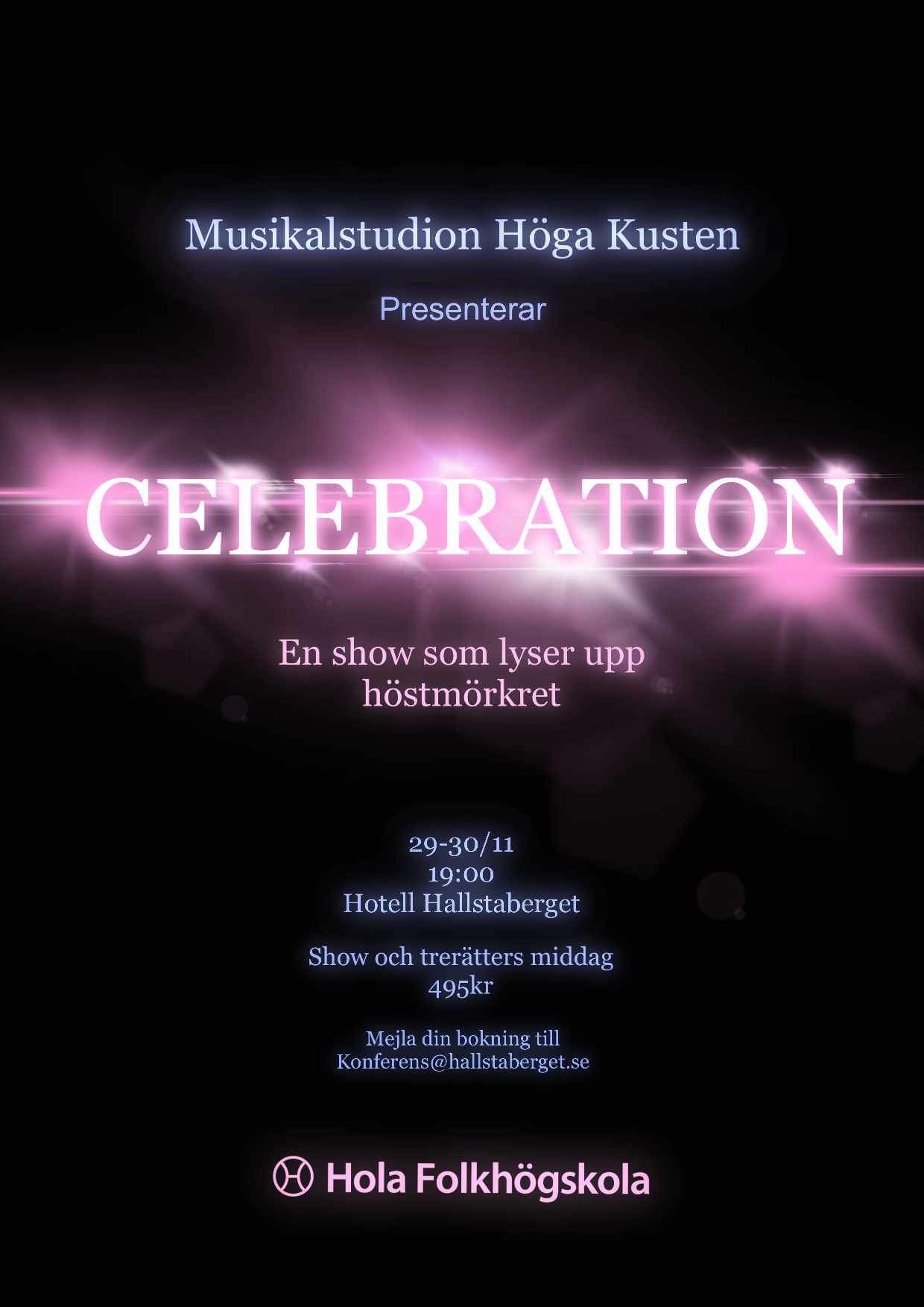 Texten Celebration i rosa med rosa gnistor runtom mot en svart bakgrund.