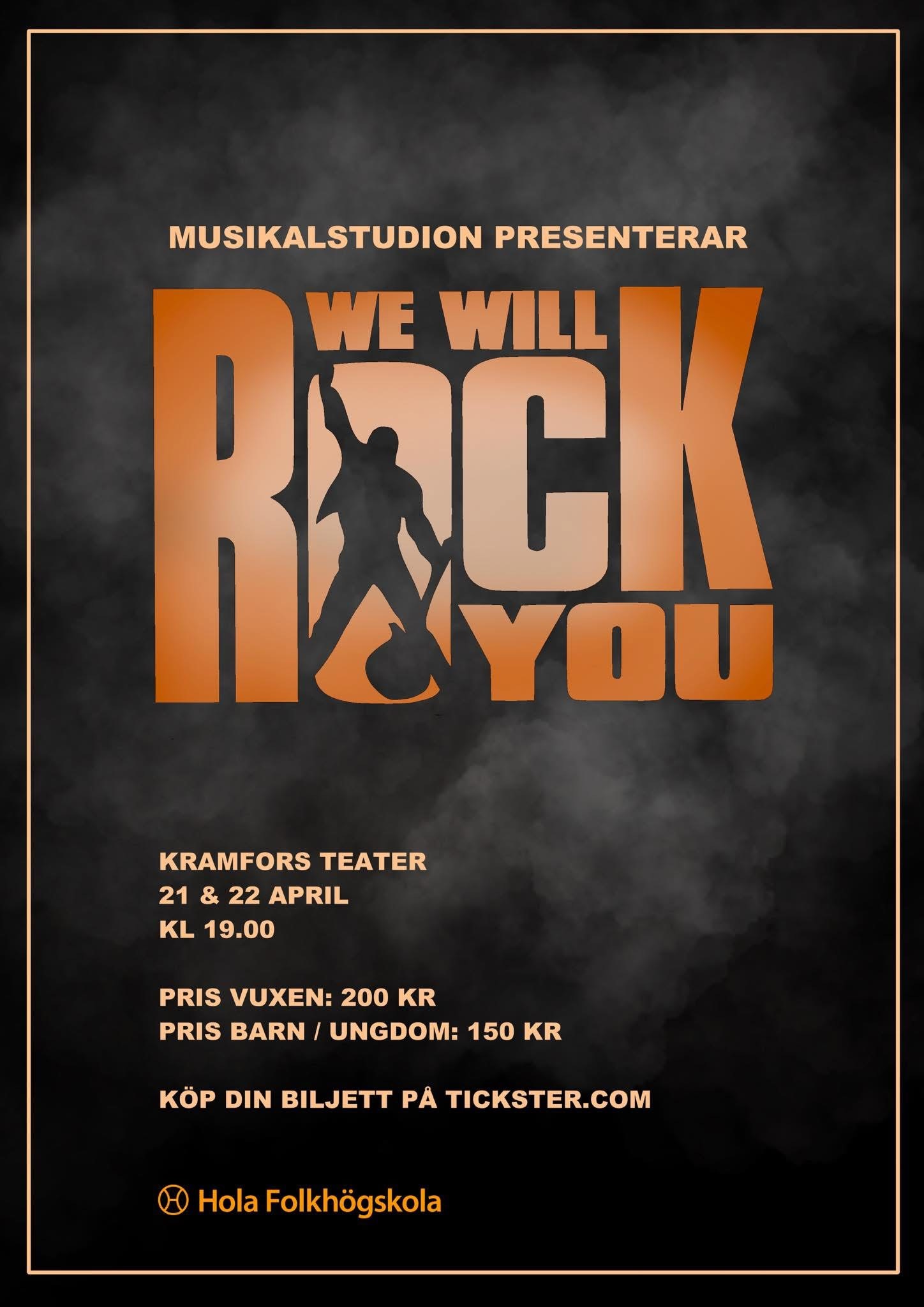 Texten We will rock you i orange mot en svart bakgrund samt med en svart silhuett av en man som håller i en gitarr.