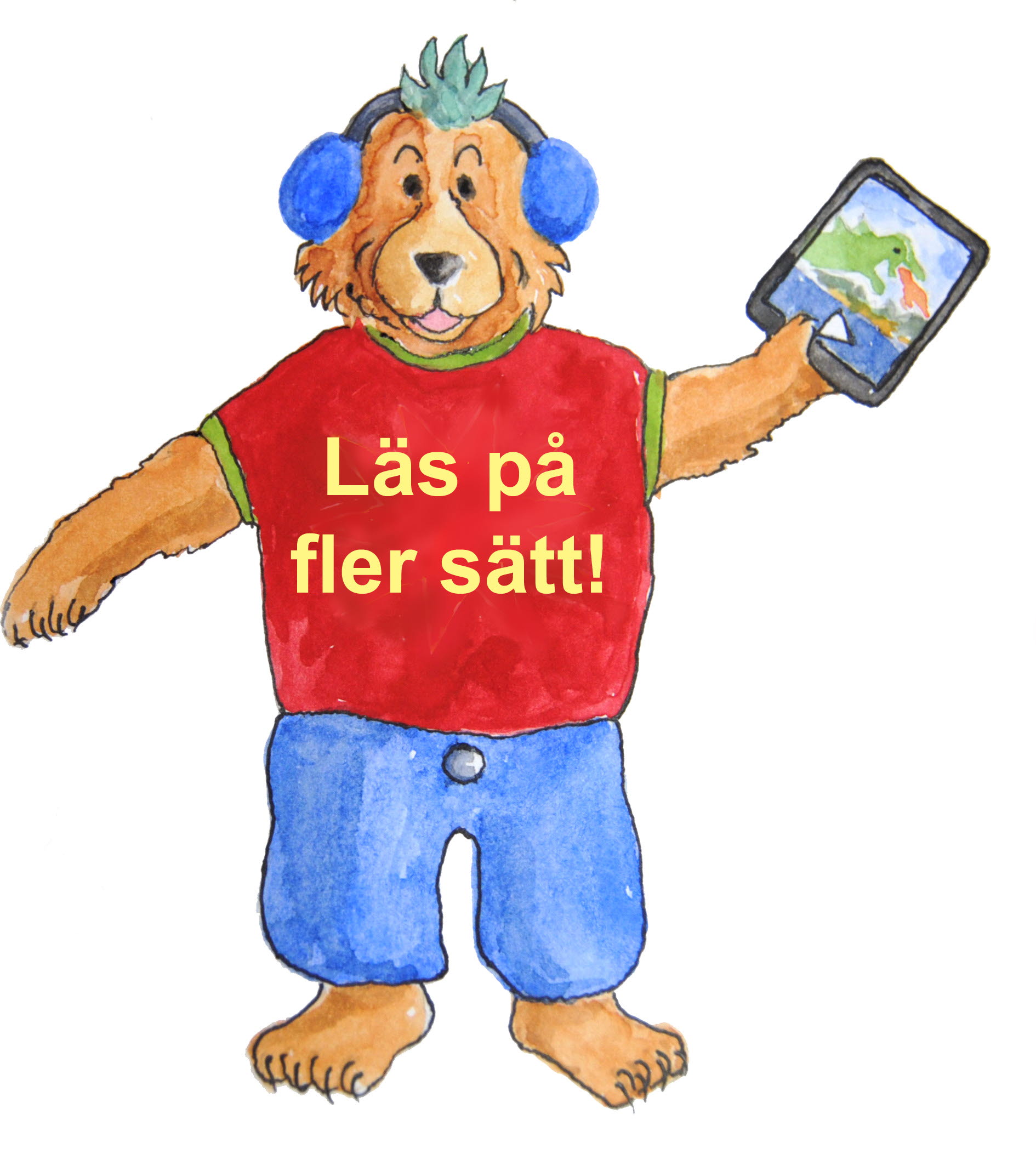 Tecknad björn som har en t-shirt med texten Läs på fler sätt! Björnen har hörlurar och håller en läsplatta i ena handen.