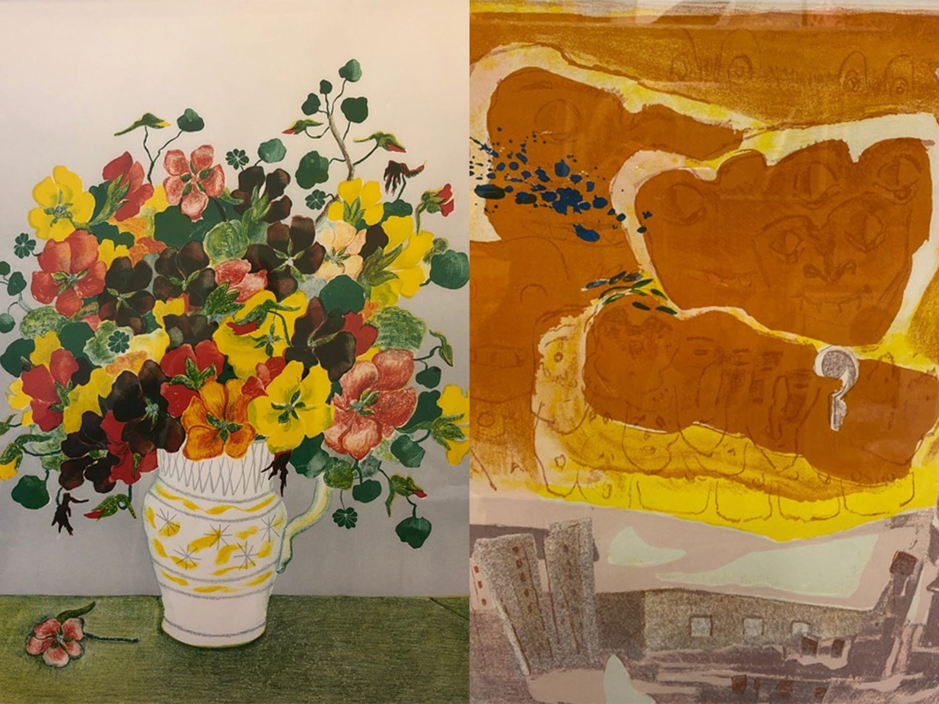 alt='Två tavlor. Den första tavlan föreställer en vas med blommor. Den andra tavlan föreställer en byggnad där ansikten avtecknar sig i molnen.'